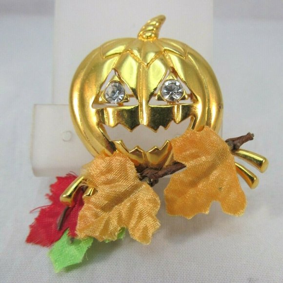 Pumpkin Brooch with Rhinestone Eyes Autumn Leaves - Picture 1 of 11